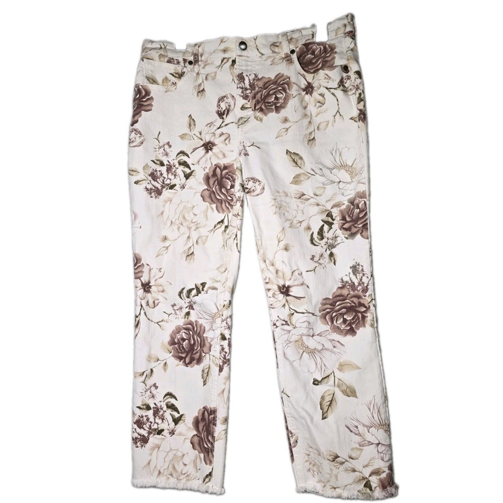 JOHNNY WAS Size 30 Cream Rose Print The Cropped Boyfriend Fringe Hem Jeans
